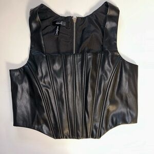 Aqua Black Faux Leather Corset-Style Crop Top